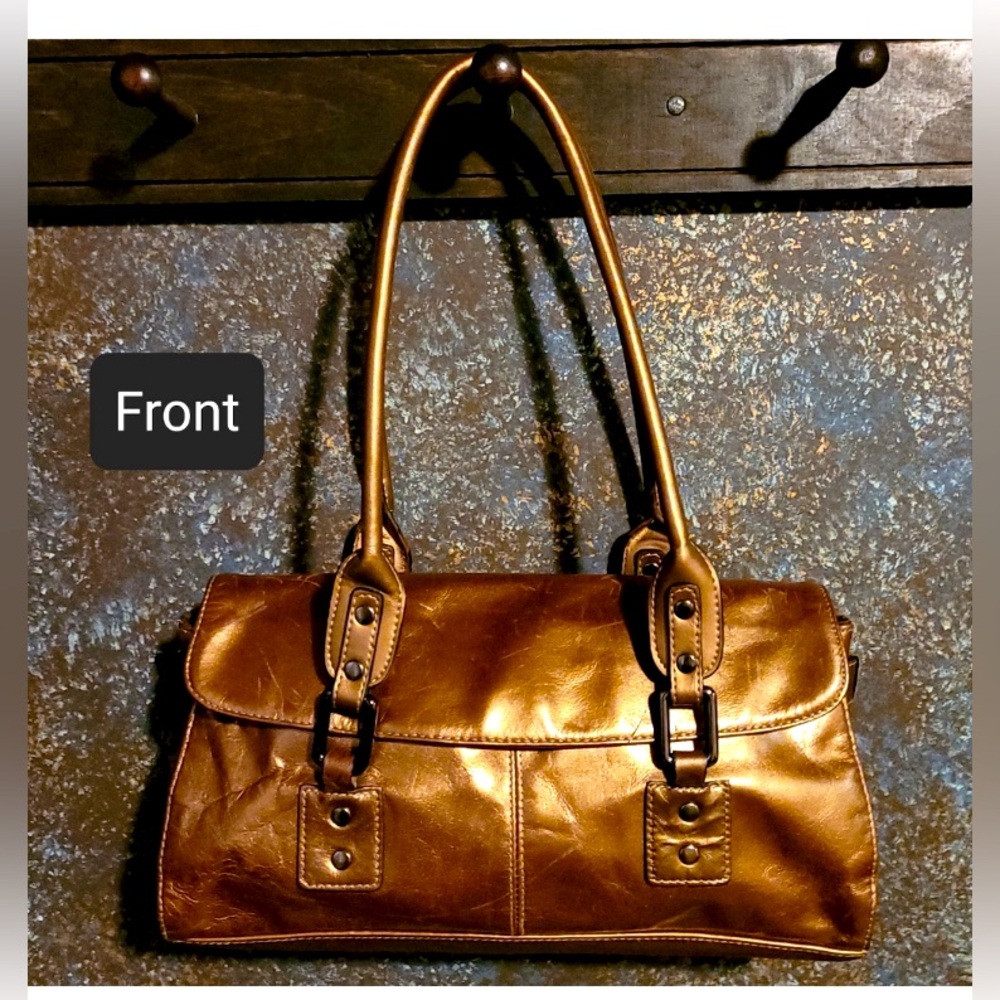 Bronze colored genuine leather handbag